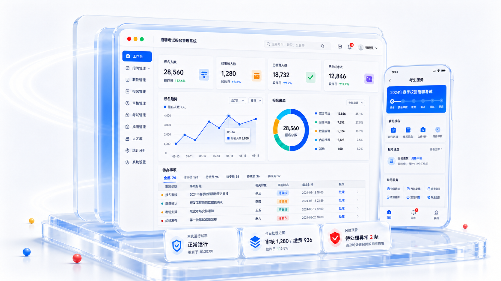 朝向页面标题的招聘考试报名系统 PC 管理端与移动端 H5 立体产品界面
